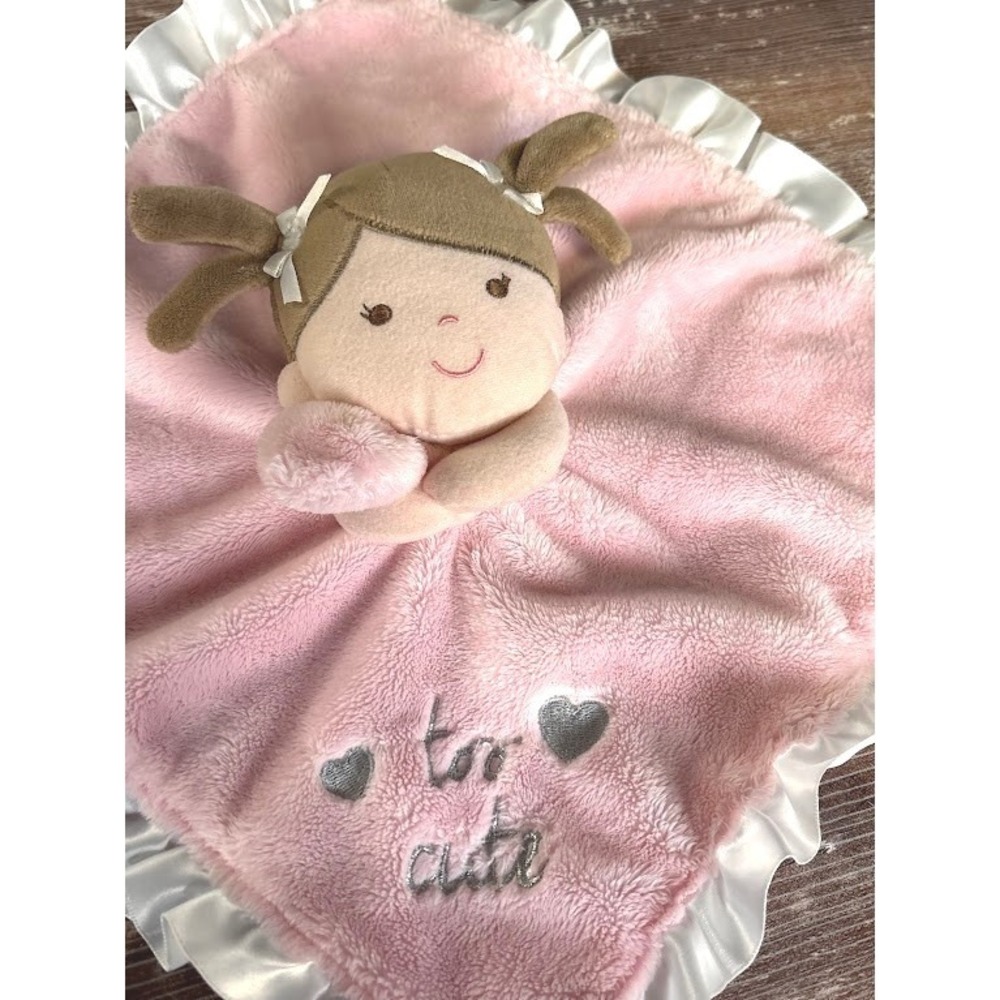 Baby Pink Plush Doll‎ Lovey Security Blanket "too cute" Embroidered Satin Trim